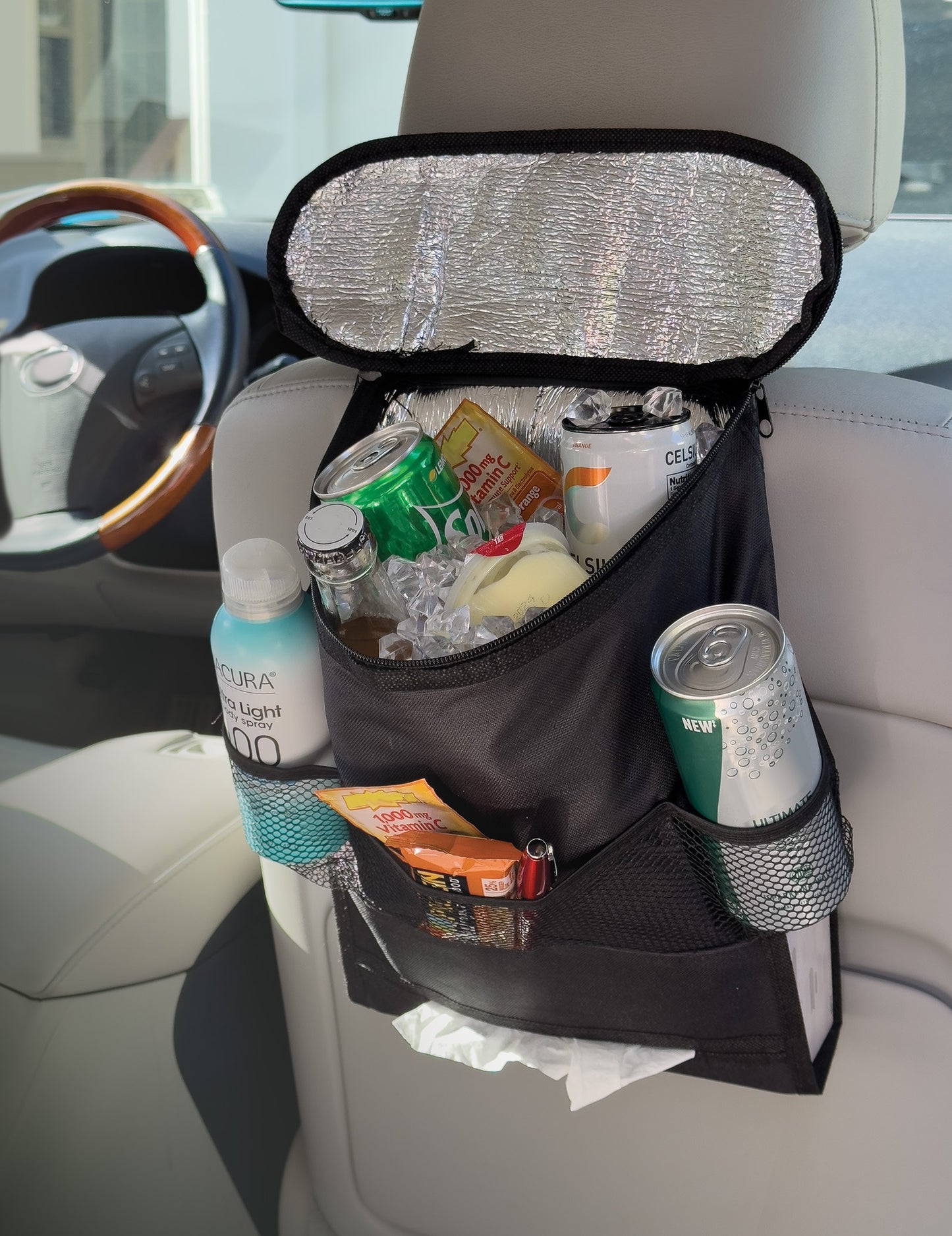 Backseat Cooler Organizer with Tissue Holder and Universal Fit Clip