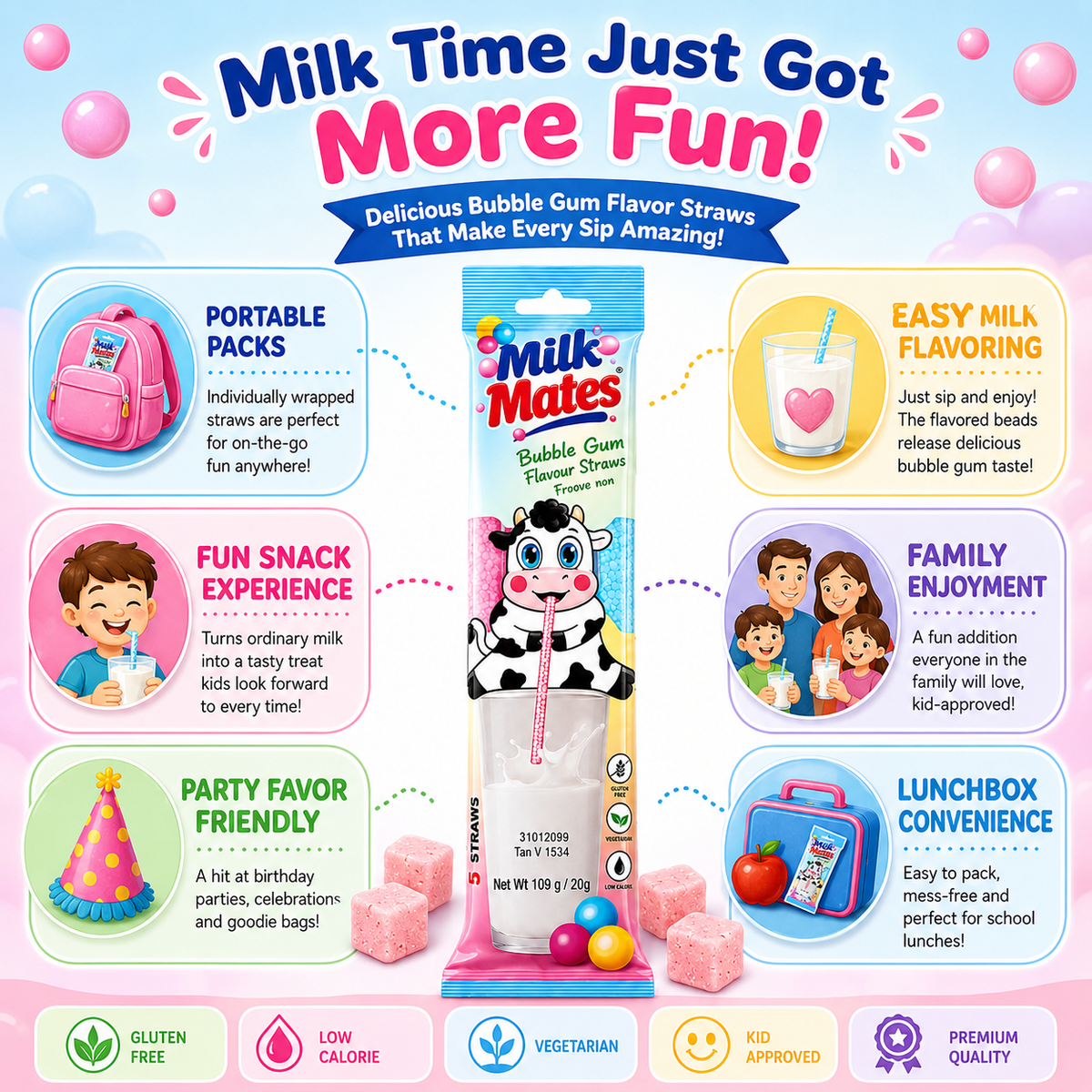 25 Milk Flavoring Straws Assorted 5 Flavors for 7 Oz Milk, 5 Packs