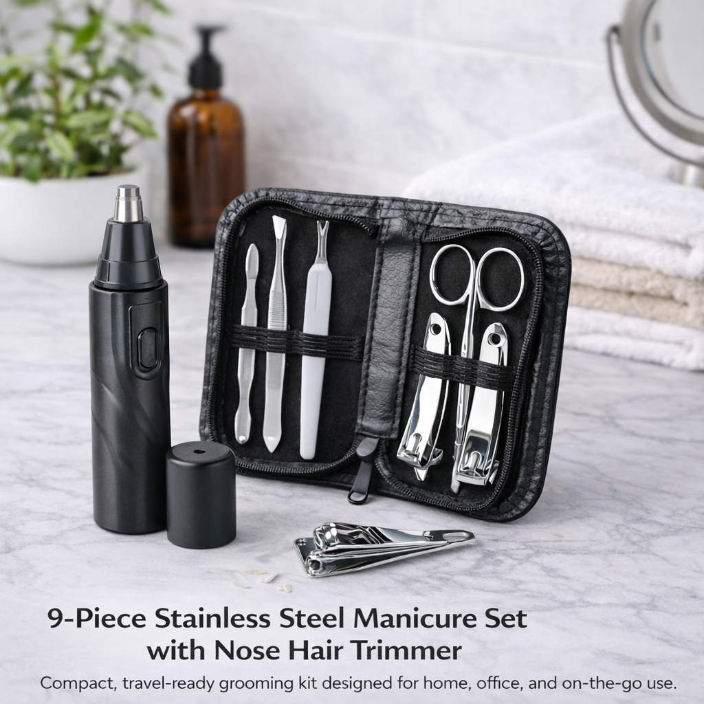 Stainless Steel Manicure Set and Nose Trimmer - 9 Pcs Set