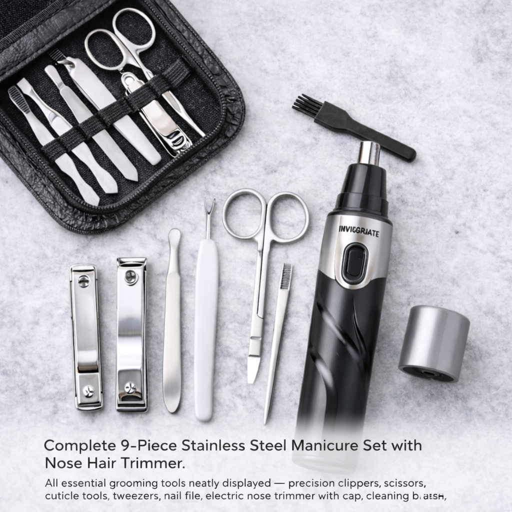 Stainless Steel Manicure Set and Nose Trimmer - 9 Pcs Set