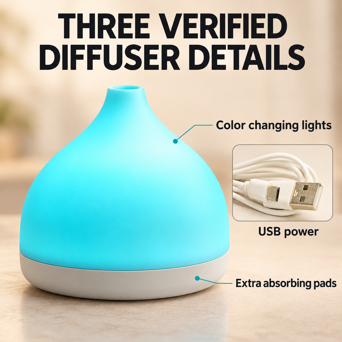 USB Powered LED Color Changing Essential Oil Aroma Diffuser with USB Cable and Absorbing Pads