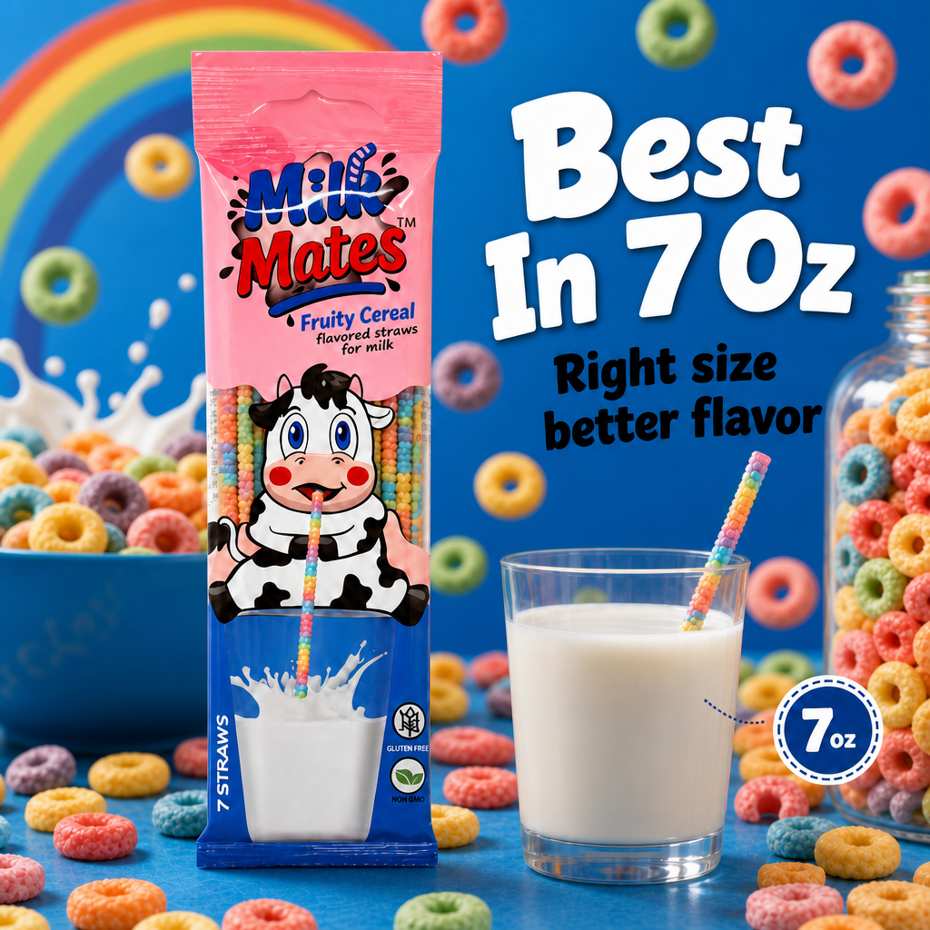 40 Milk flavoring Straws, 8 Packs Ea 5 Straws in 4 Flavors - Chocolate, Strawberry, Cookies & Cream, Fruity Cereal. Each Straw Perfect for a 7 oz Milk Glass. Flavor Straws For Milk.