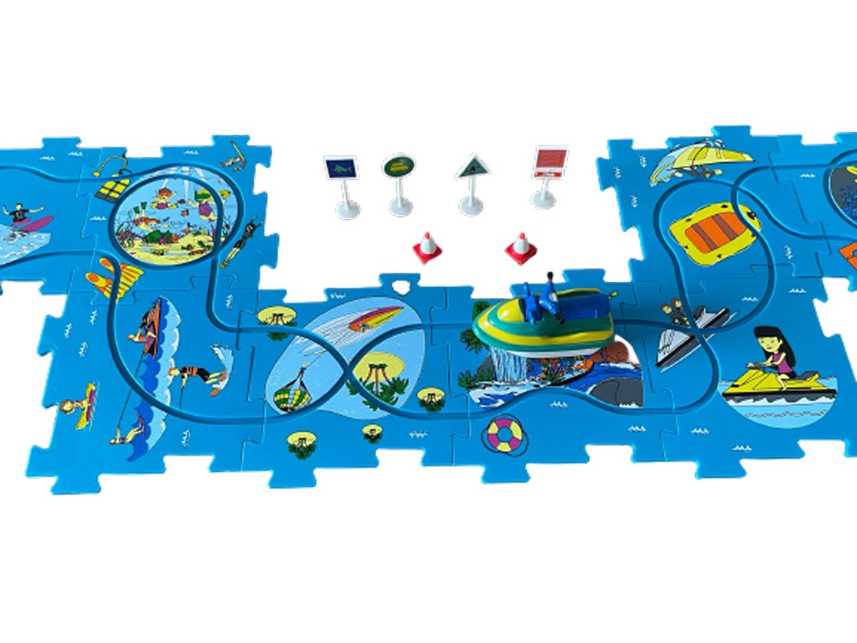Track Play Set Jet Ski - Battery-Operated Toy Vehicle & Floor Puzzle Play Mat