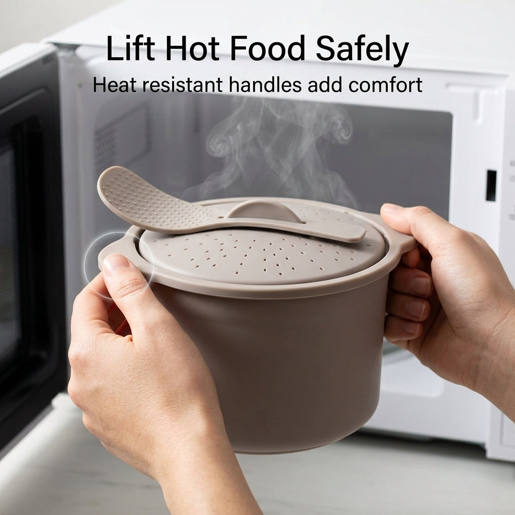 Microwave Rice & Grain Cooker with Lid Lock, Measuring Cup & Paddle â€“ Heat-Resistant Handles