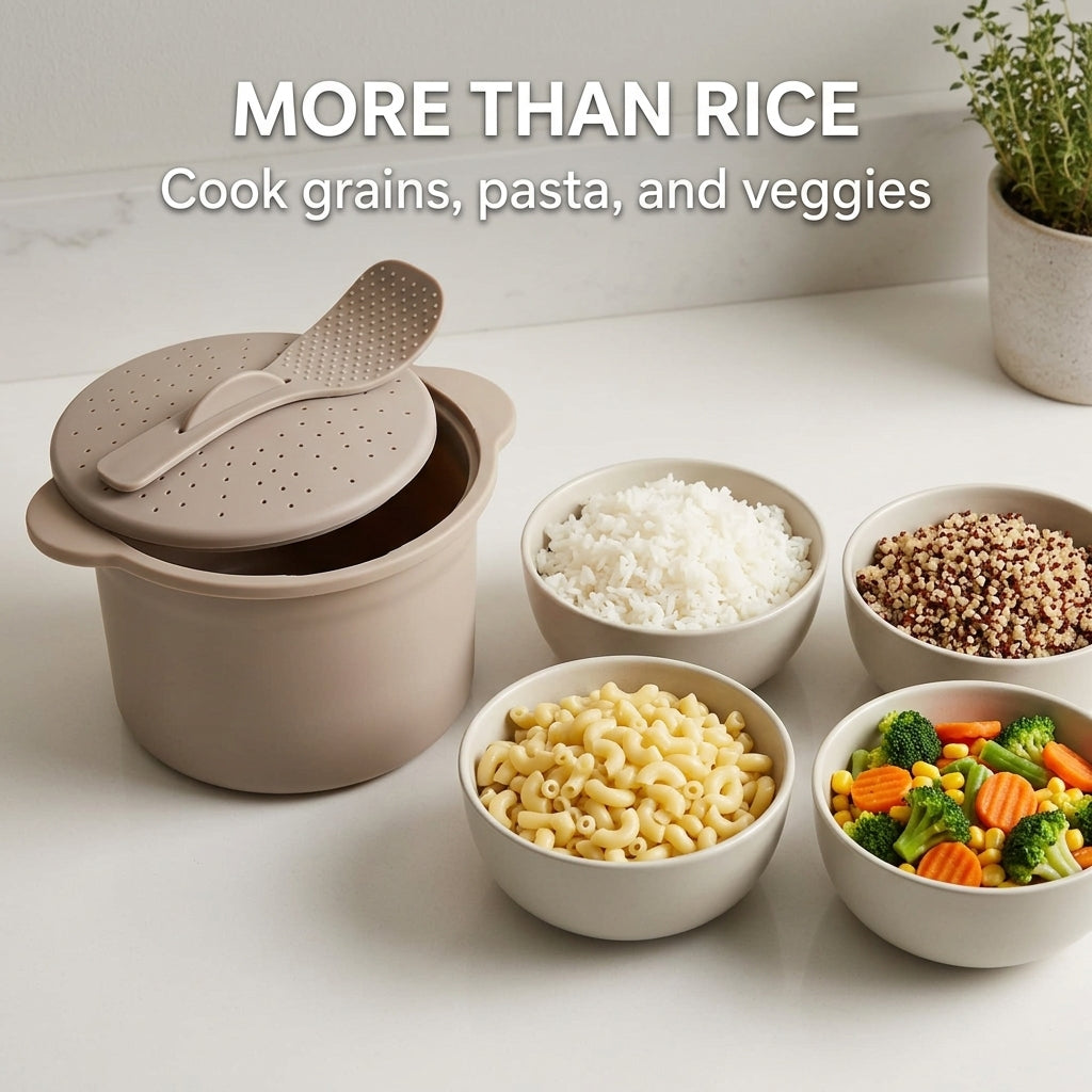 Microwave Rice & Grain Cooker with Lid Lock, Measuring Cup & Paddle â€“ Heat-Resistant Handles