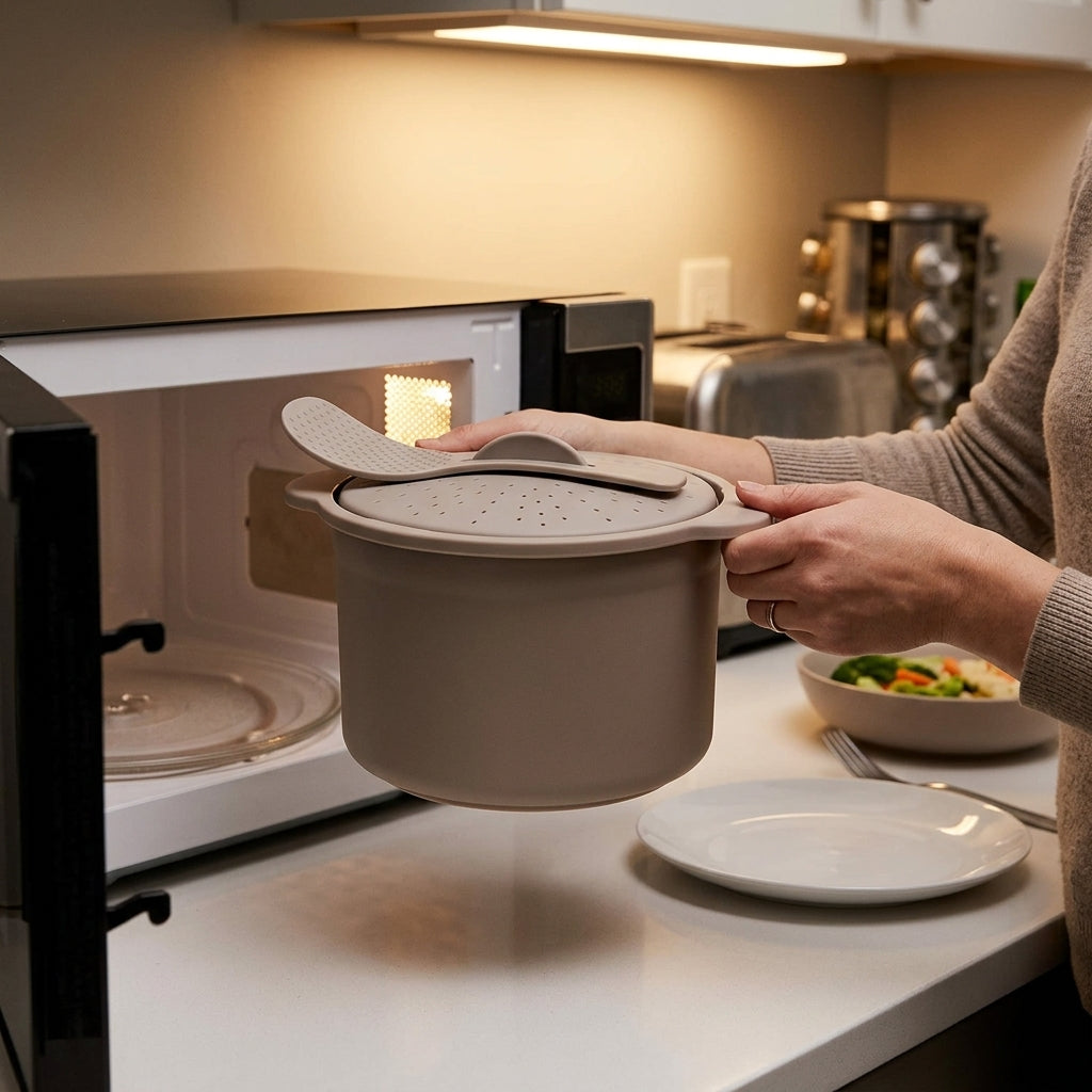 Microwave Rice & Grain Cooker with Lid Lock, Measuring Cup & Paddle â€“ Heat-Resistant Handles