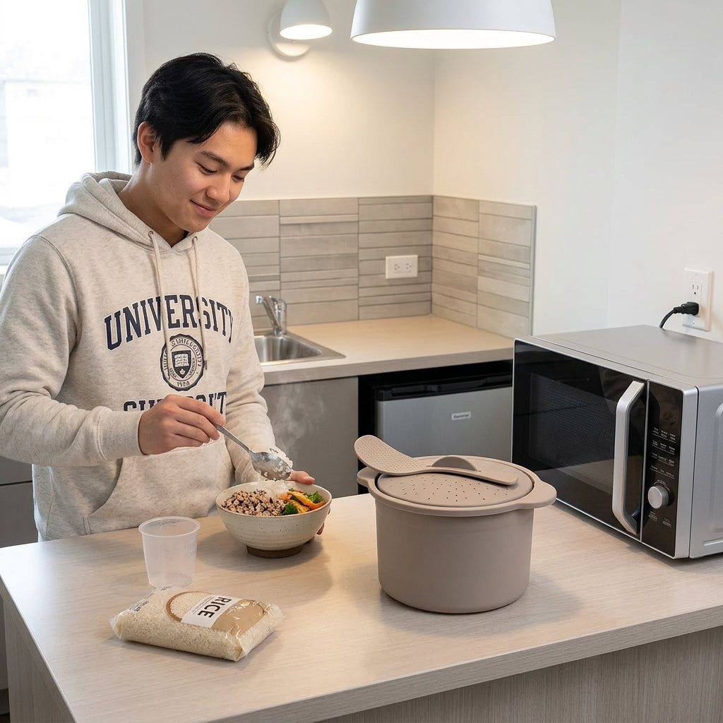 Microwave Rice & Grain Cooker with Lid Lock, Measuring Cup & Paddle â€“ Heat-Resistant Handles