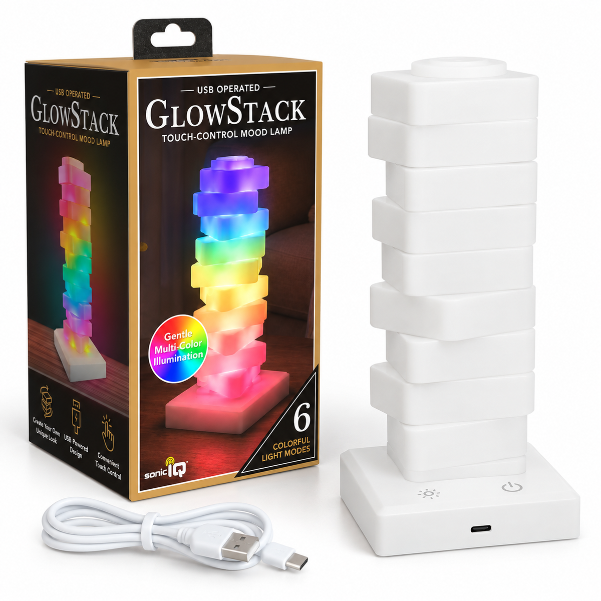 Tabletop Desktop Bedside Table Glow Stack USB Touch-Control LED Mood Lamp, Color Changing 6 Color Modes With Triangular Stacked Blocks That Rotate For Personalized Arrangement