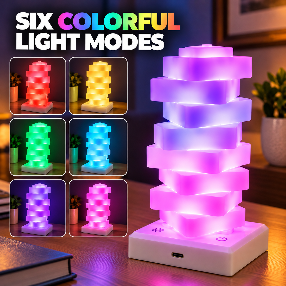 Tabletop Desktop Bedside Table Glow Stack USB Touch-Control LED Mood Lamp, Color Changing 6 Color Modes With Triangular Stacked Blocks That Rotate For Personalized Arrangement