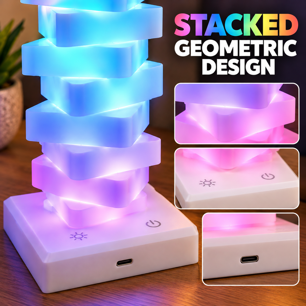 Tabletop Desktop Bedside Table Glow Stack USB Touch-Control LED Mood Lamp, Color Changing 6 Color Modes With Triangular Stacked Blocks That Rotate For Personalized Arrangement