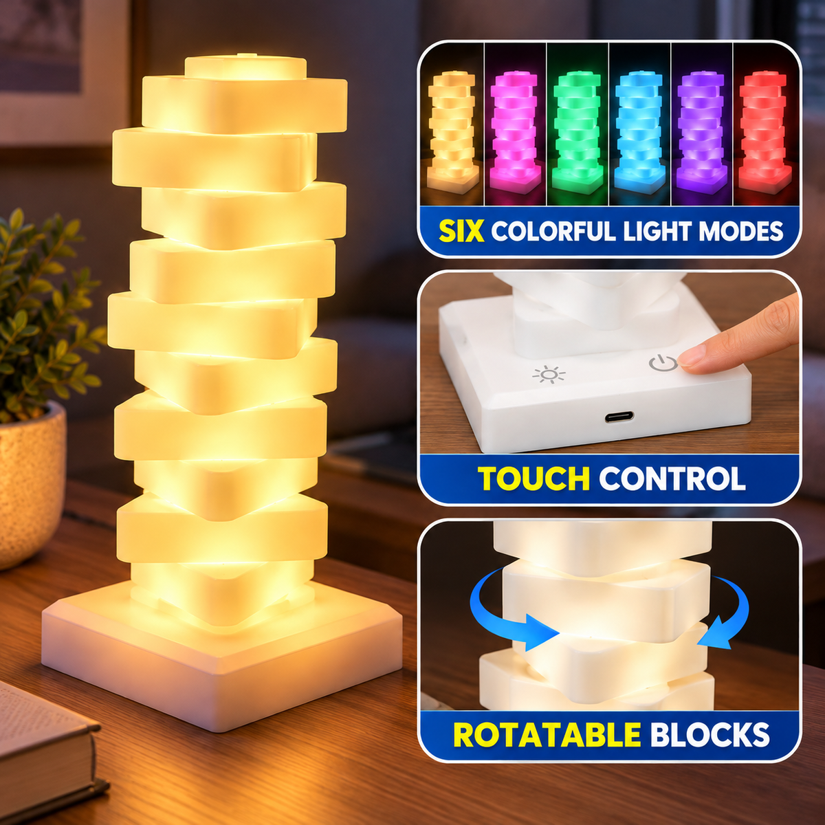 Tabletop Desktop Bedside Table Glow Stack USB Touch-Control LED Mood Lamp, Color Changing 6 Color Modes With Triangular Stacked Blocks That Rotate For Personalized Arrangement