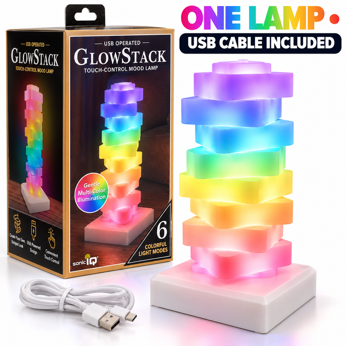 Tabletop Desktop Bedside Table Glow Stack USB Touch-Control LED Mood Lamp, Color Changing 6 Color Modes With Triangular Stacked Blocks That Rotate For Personalized Arrangement