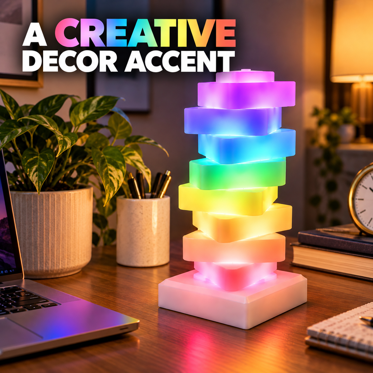 Tabletop Desktop Bedside Table Glow Stack USB Touch-Control LED Mood Lamp, Color Changing 6 Color Modes With Triangular Stacked Blocks That Rotate For Personalized Arrangement
