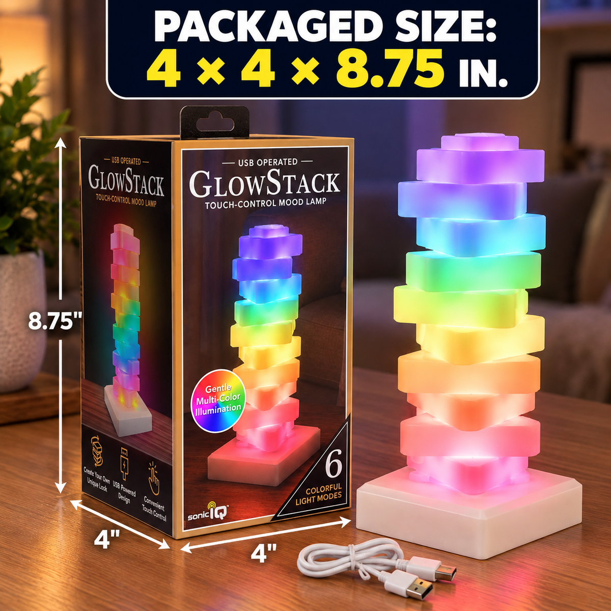 Tabletop Desktop Bedside Table Glow Stack USB Touch-Control LED Mood Lamp, Color Changing 6 Color Modes With Triangular Stacked Blocks That Rotate For Personalized Arrangement