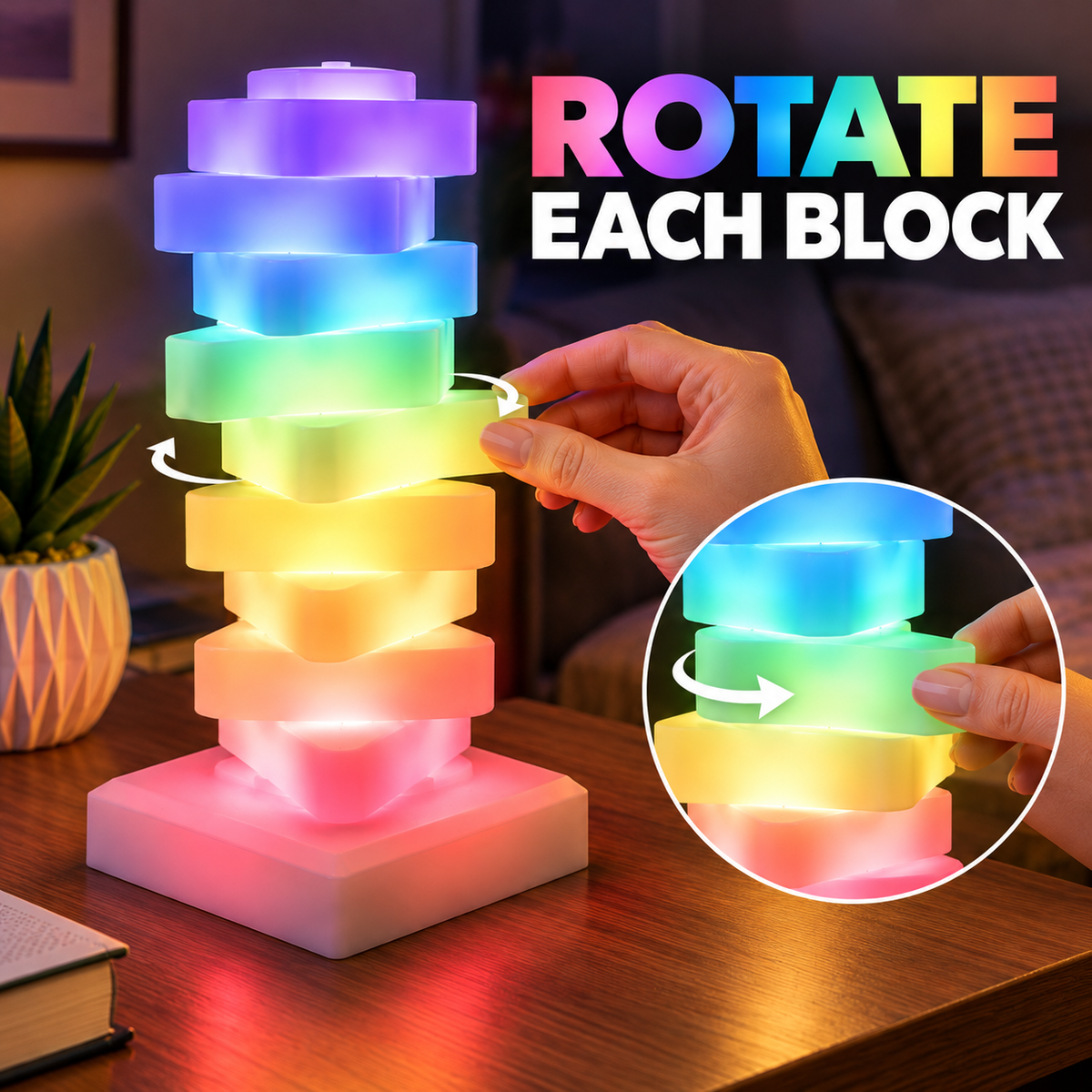 Tabletop Desktop Bedside Table Glow Stack USB Touch-Control LED Mood Lamp, Color Changing 6 Color Modes With Triangular Stacked Blocks That Rotate For Personalized Arrangement