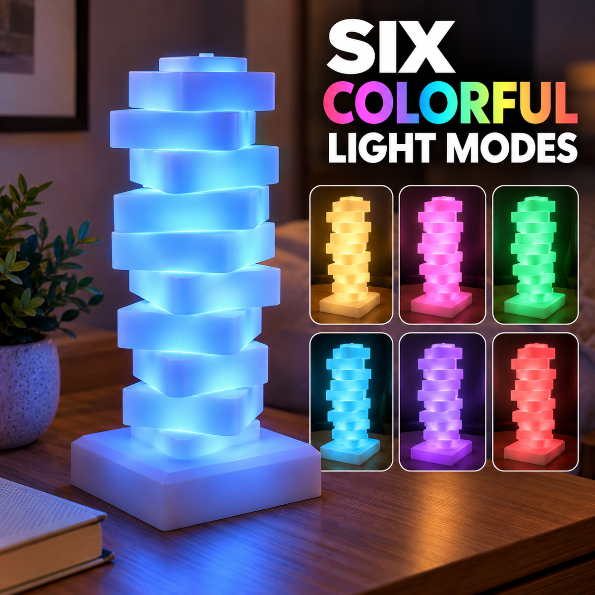 Tabletop Desktop Bedside Table Glow Stack USB Touch-Control LED Mood Lamp, Color Changing 6 Color Modes With Triangular Stacked Blocks That Rotate For Personalized Arrangement