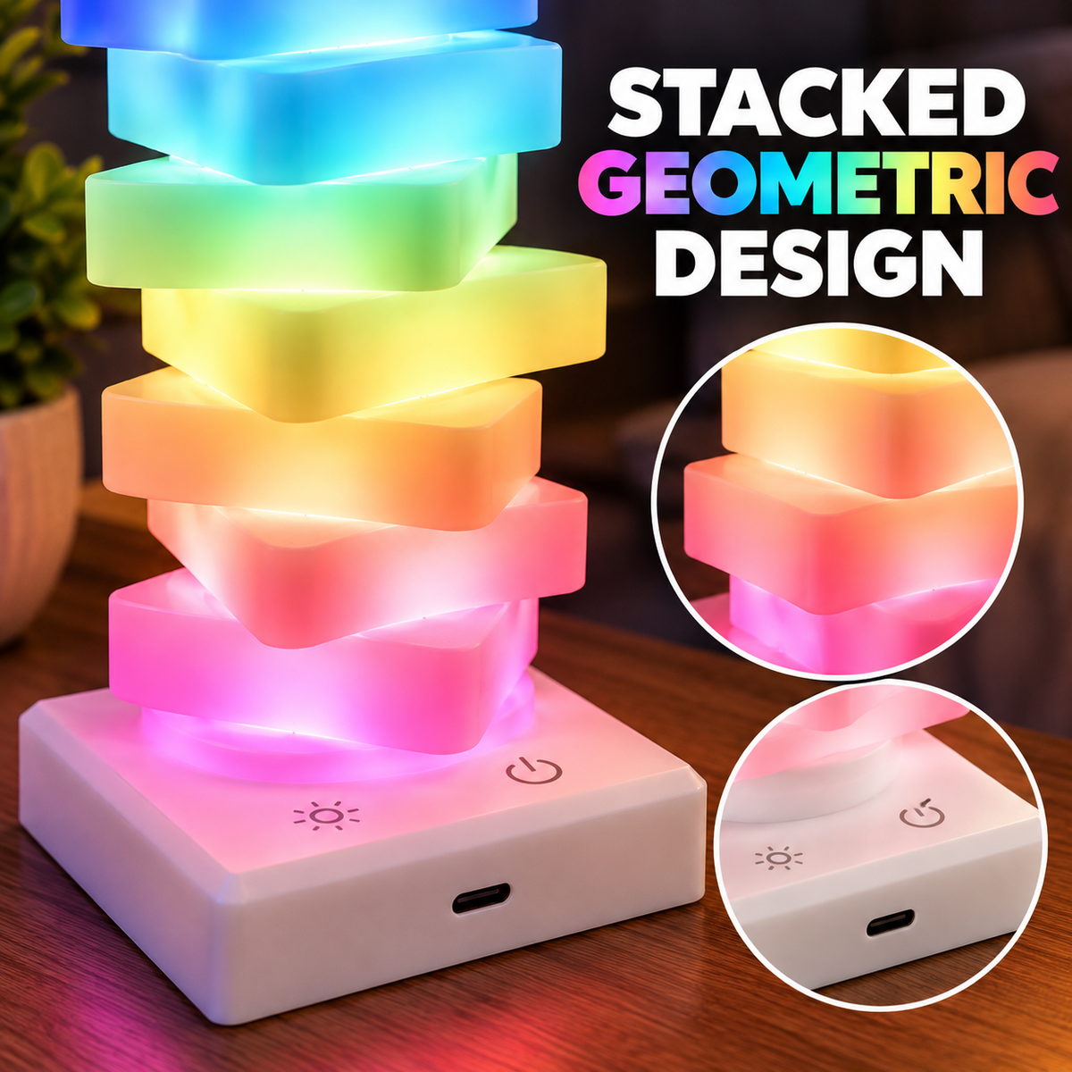 Tabletop Desktop Bedside Table Glow Stack USB Touch-Control LED Mood Lamp, Color Changing 6 Color Modes With Triangular Stacked Blocks That Rotate For Personalized Arrangement