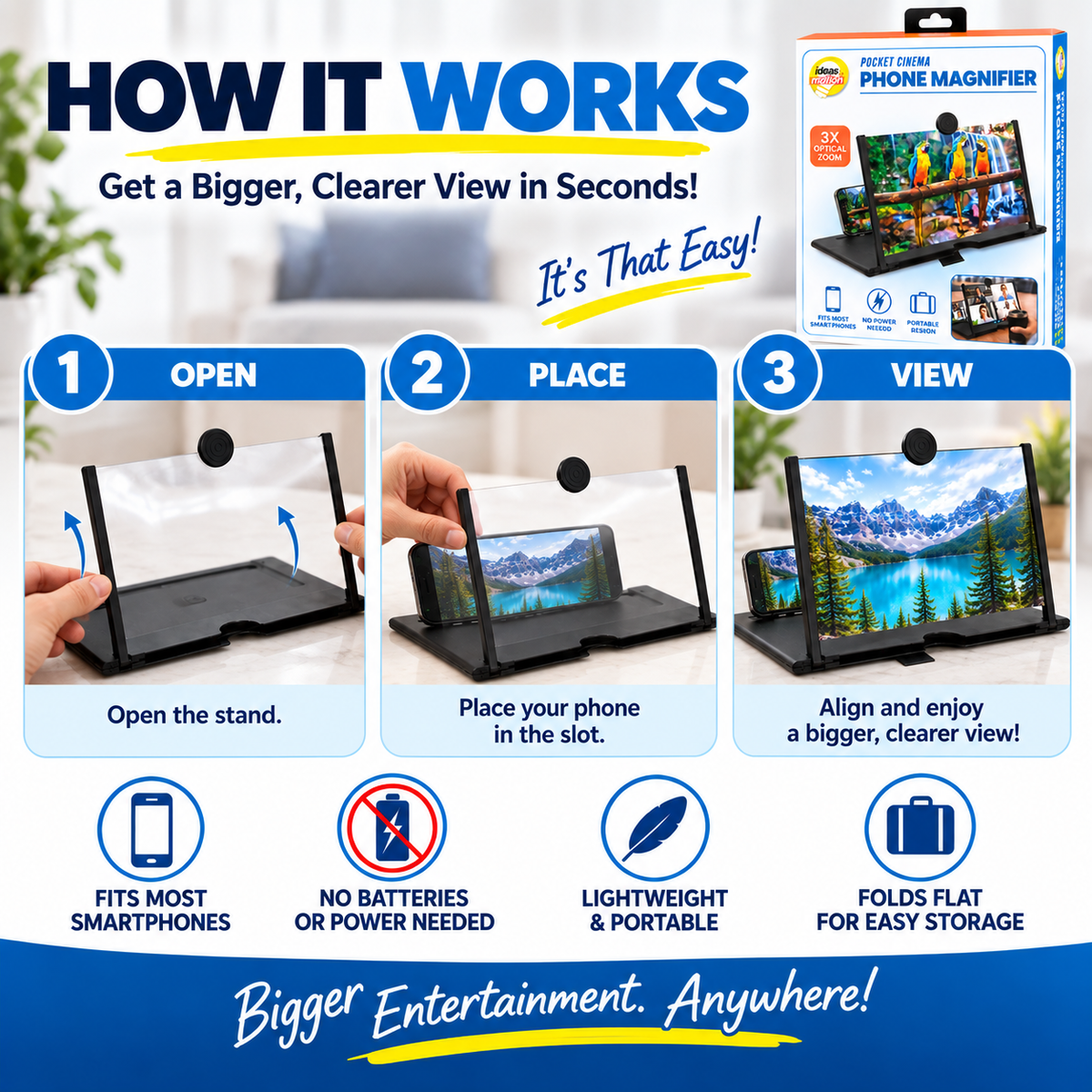 Foldable 3X Phone Screen Magnifier
