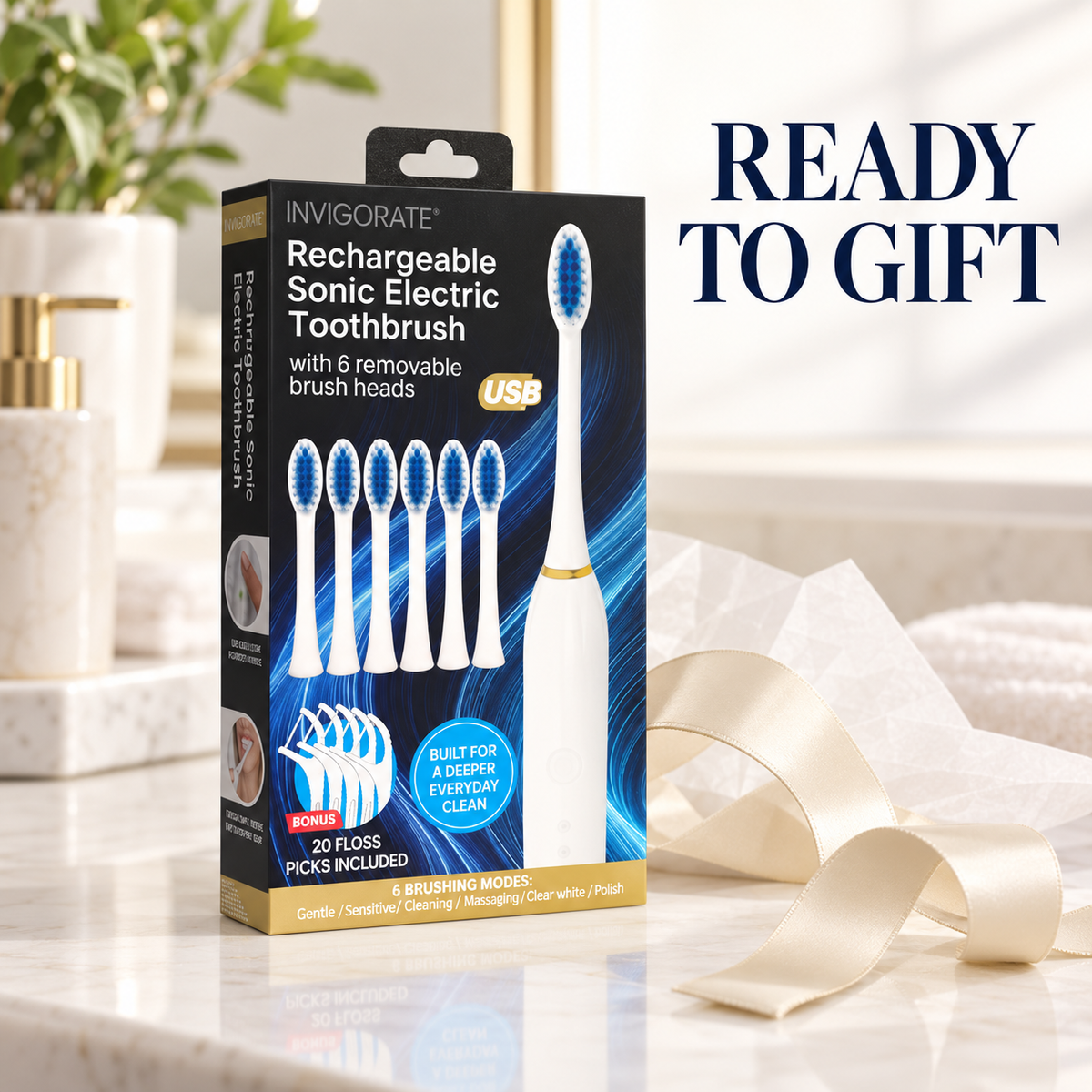 Rechargeable Sonic Electric Toothbrush with 6 Brush Head and 20 Floss Sticks