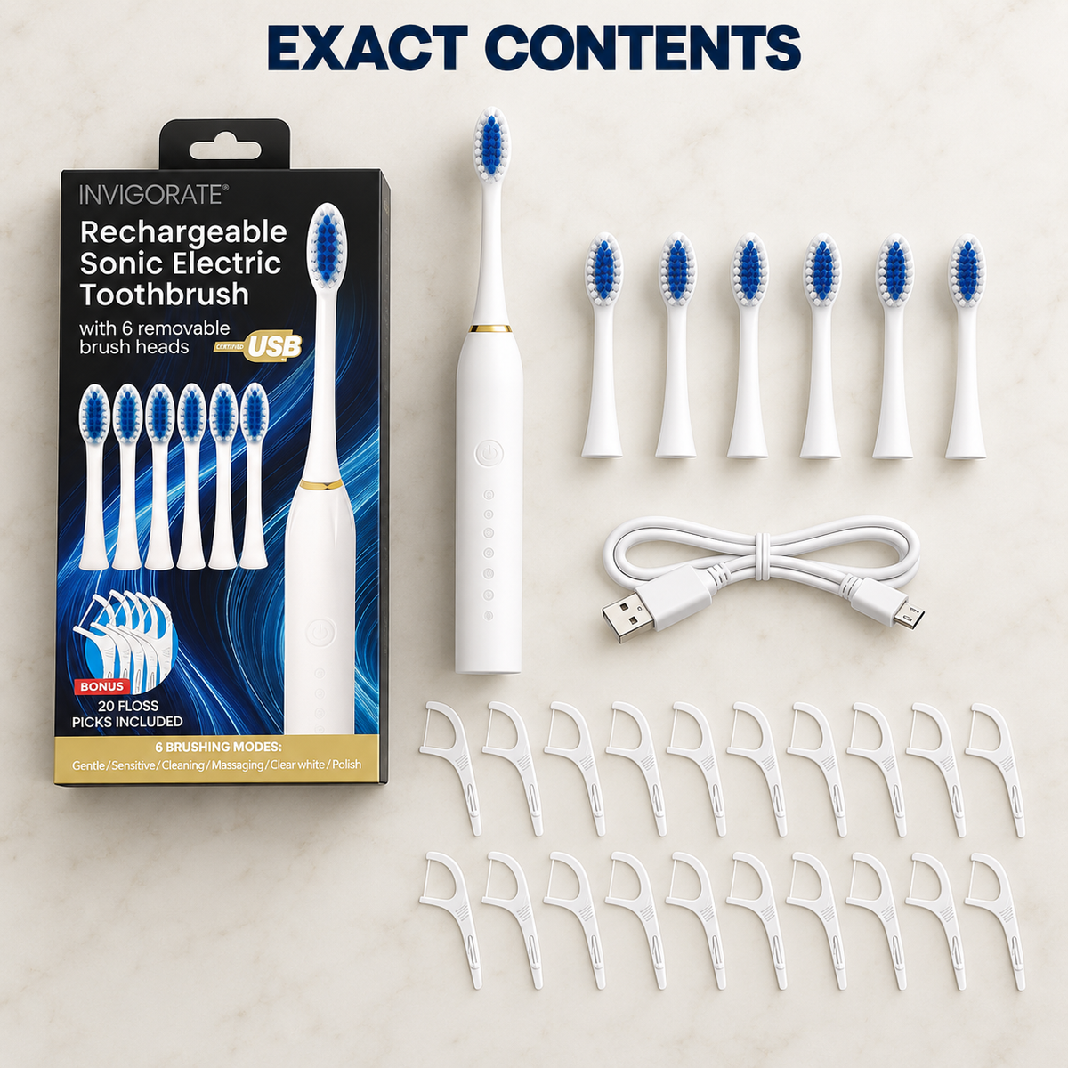 Rechargeable Sonic Electric Toothbrush with 6 Brush Head and 20 Floss Sticks