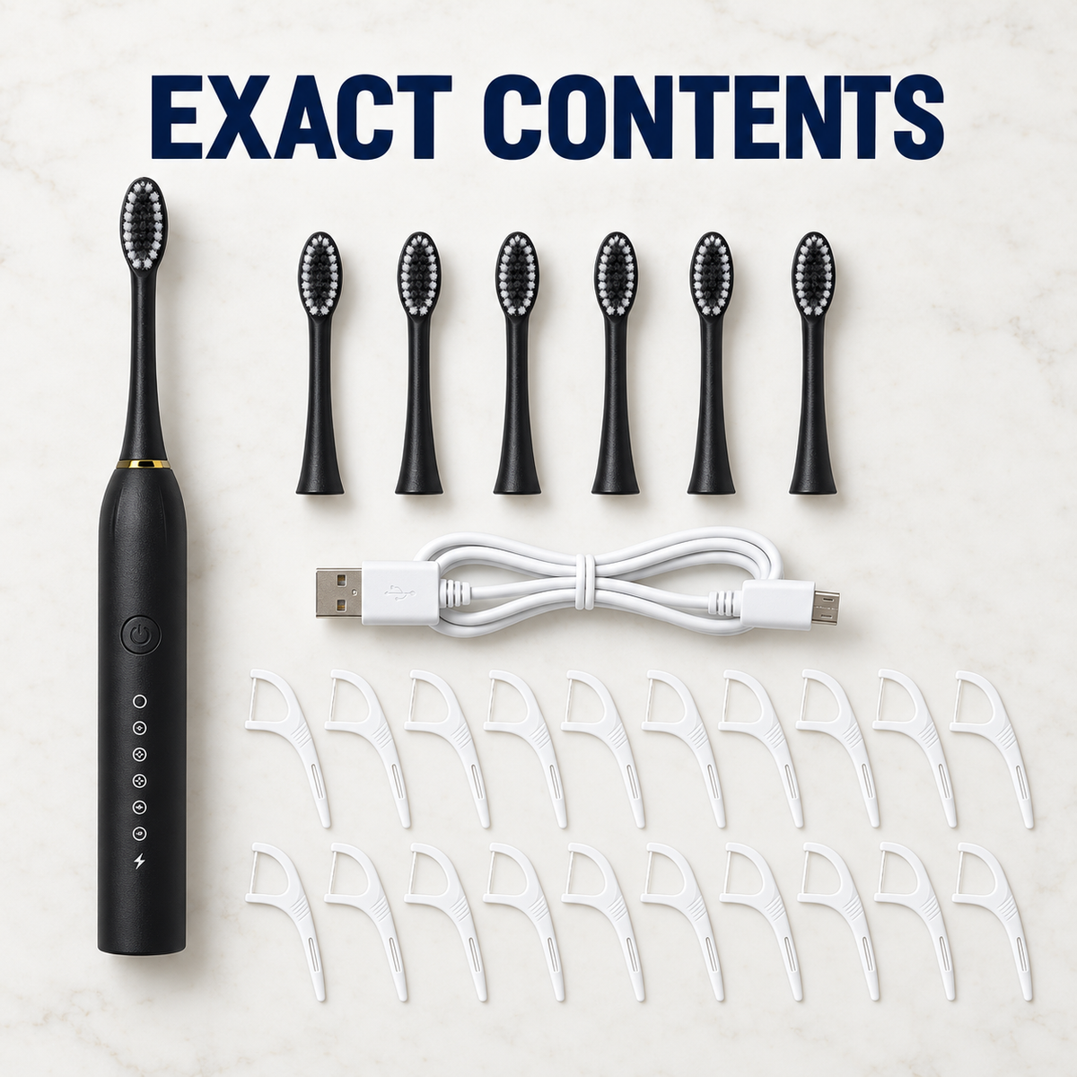 Rechargeable Sonic Electric Toothbrush with 6 Brush Head and 20 Floss Sticks