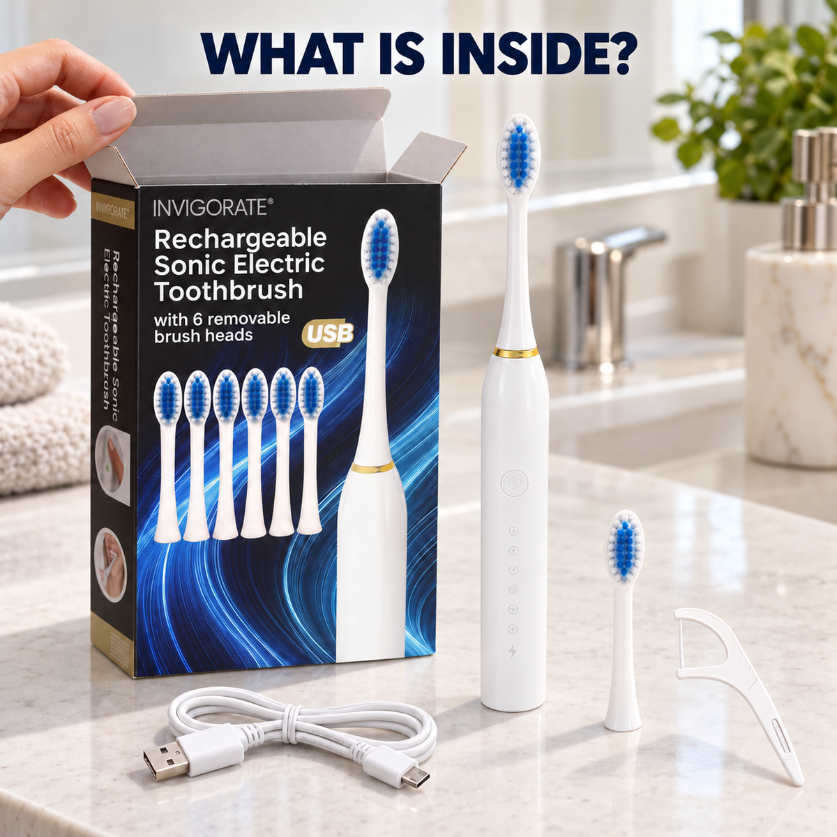 Rechargeable Sonic Electric Toothbrush with 6 Brush Head and 20 Floss Sticks