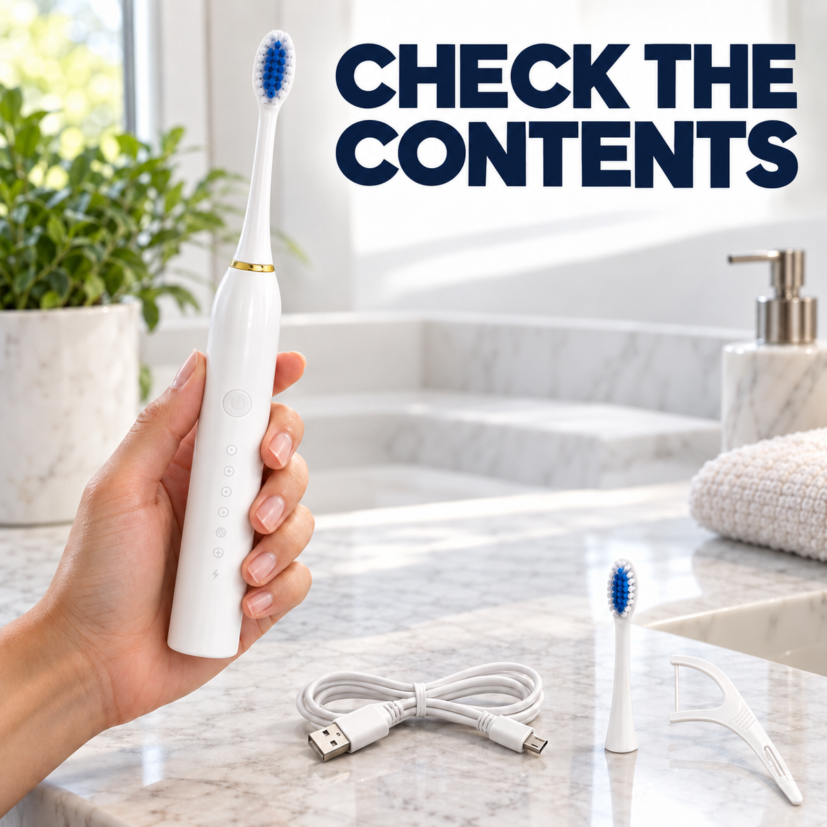 Rechargeable Sonic Electric Toothbrush with 6 Brush Head and 20 Floss Sticks