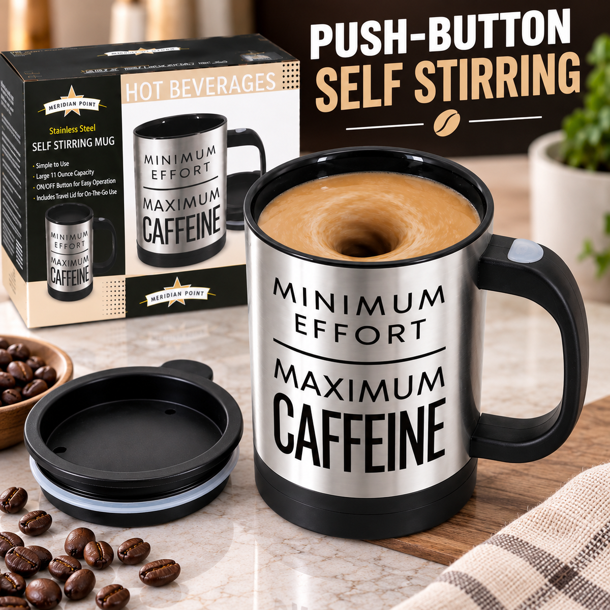 11 Oz Stainless Steel Self Stirring Mug with Travel Lid