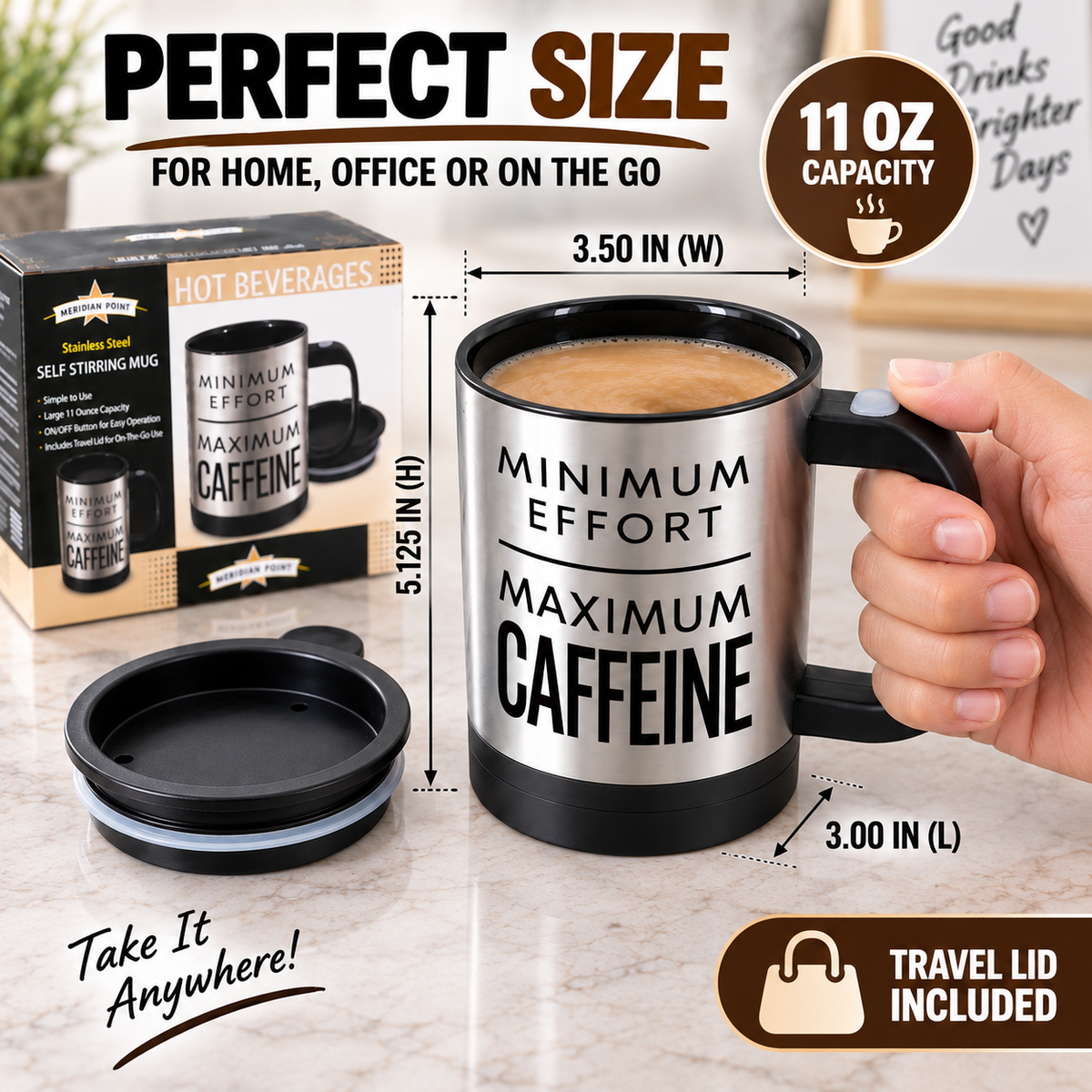 11 Oz Stainless Steel Self Stirring Mug with Travel Lid