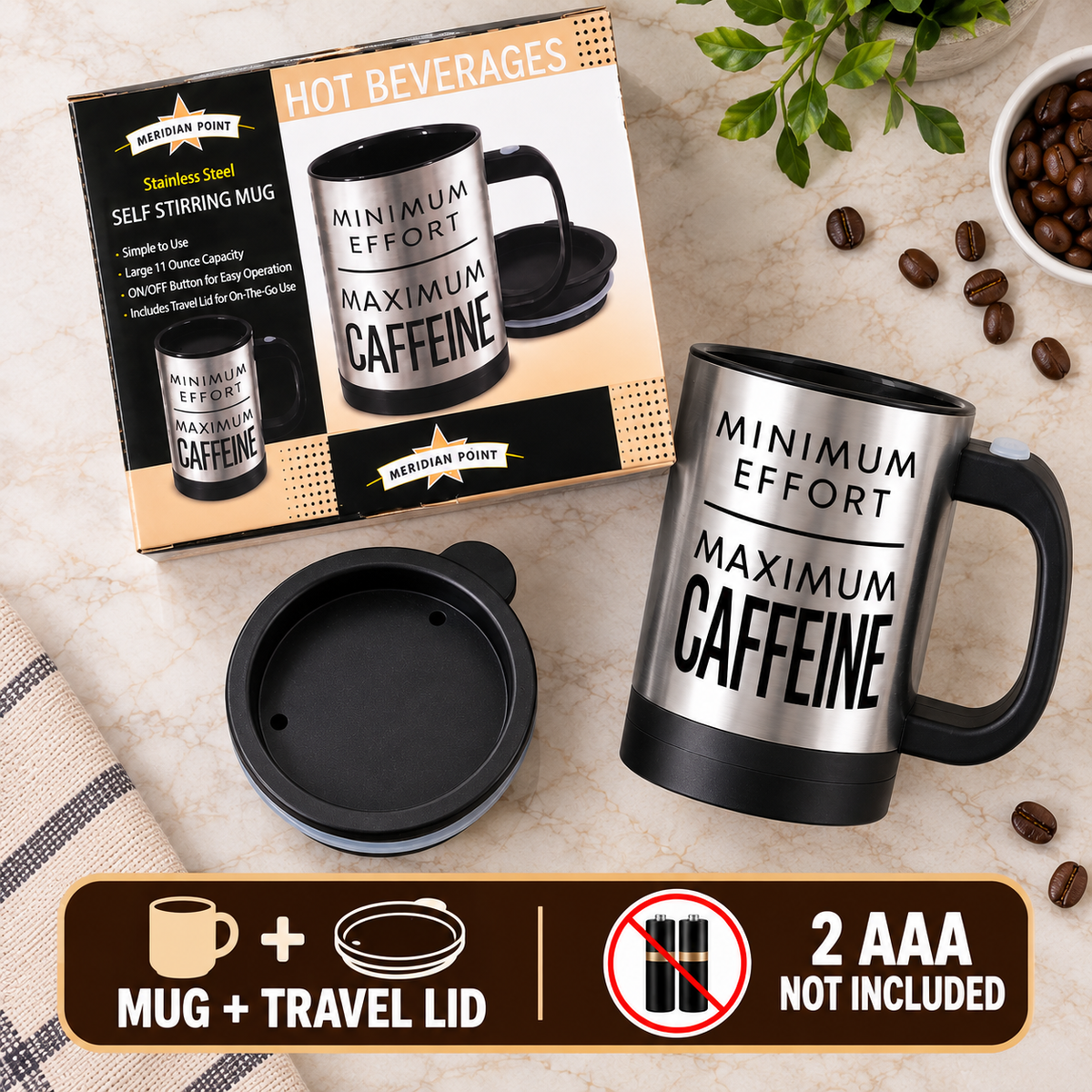 11 Oz Stainless Steel Self Stirring Mug with Travel Lid