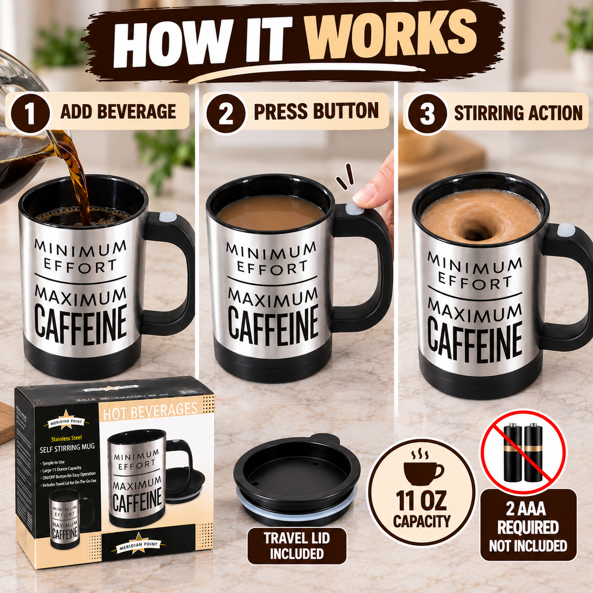 11 Oz Stainless Steel Self Stirring Mug with Travel Lid