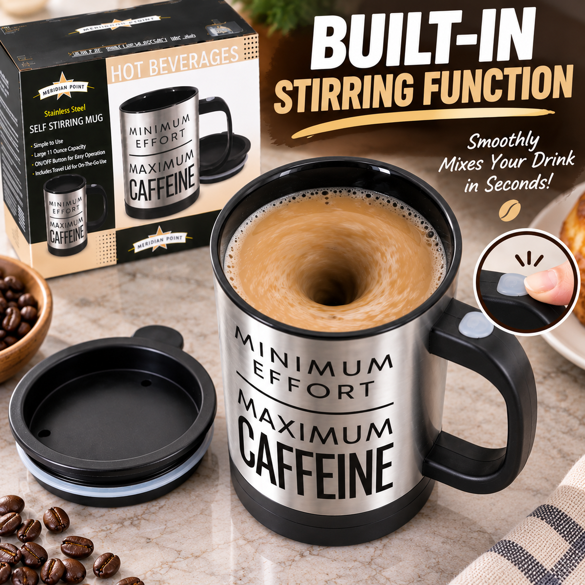 11 Oz Stainless Steel Self Stirring Mug with Travel Lid