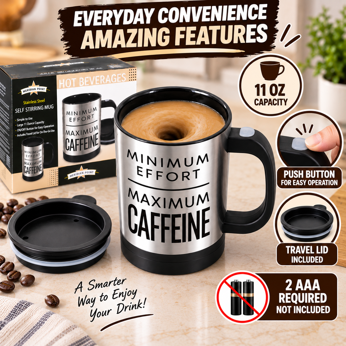 11 Oz Stainless Steel Self Stirring Mug with Travel Lid