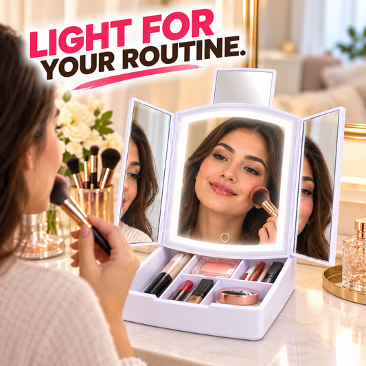 Trifold LED Vanity Mirror with Storage Tray With Compartments For Holding Makeup Items, 5X Pop-Up Mirror, Touch Control and Adjustable Lighting. Dual Powered. Battery Operated or with Included USB Cable.