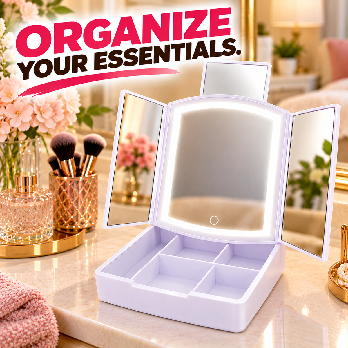 Trifold LED Vanity Mirror with Storage Tray With Compartments For Holding Makeup Items, 5X Pop-Up Mirror, Touch Control and Adjustable Lighting. Dual Powered. Battery Operated or with Included USB Cable.