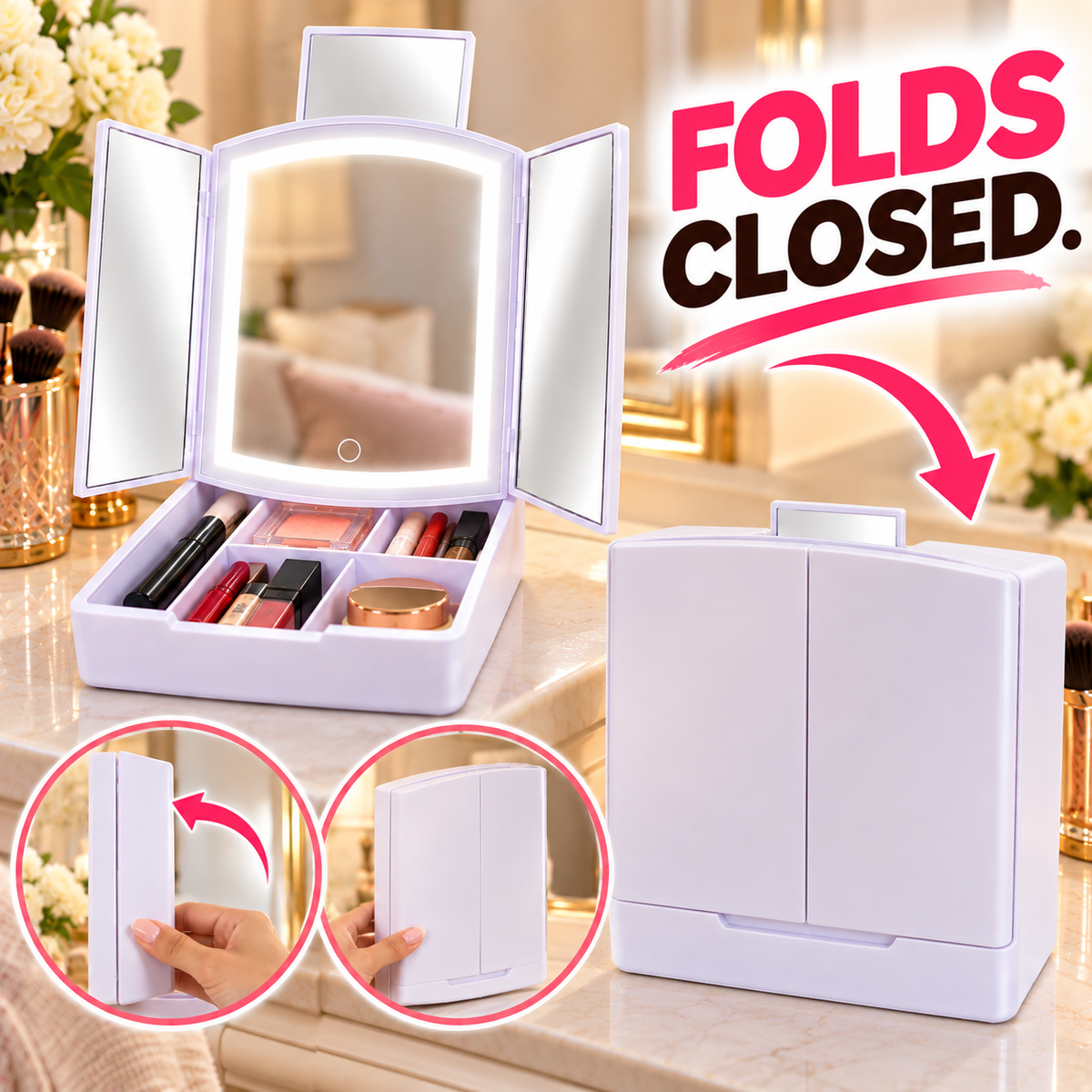 Trifold LED Vanity Mirror with Storage Tray With Compartments For Holding Makeup Items, 5X Pop-Up Mirror, Touch Control and Adjustable Lighting. Dual Powered. Battery Operated or with Included USB Cable.