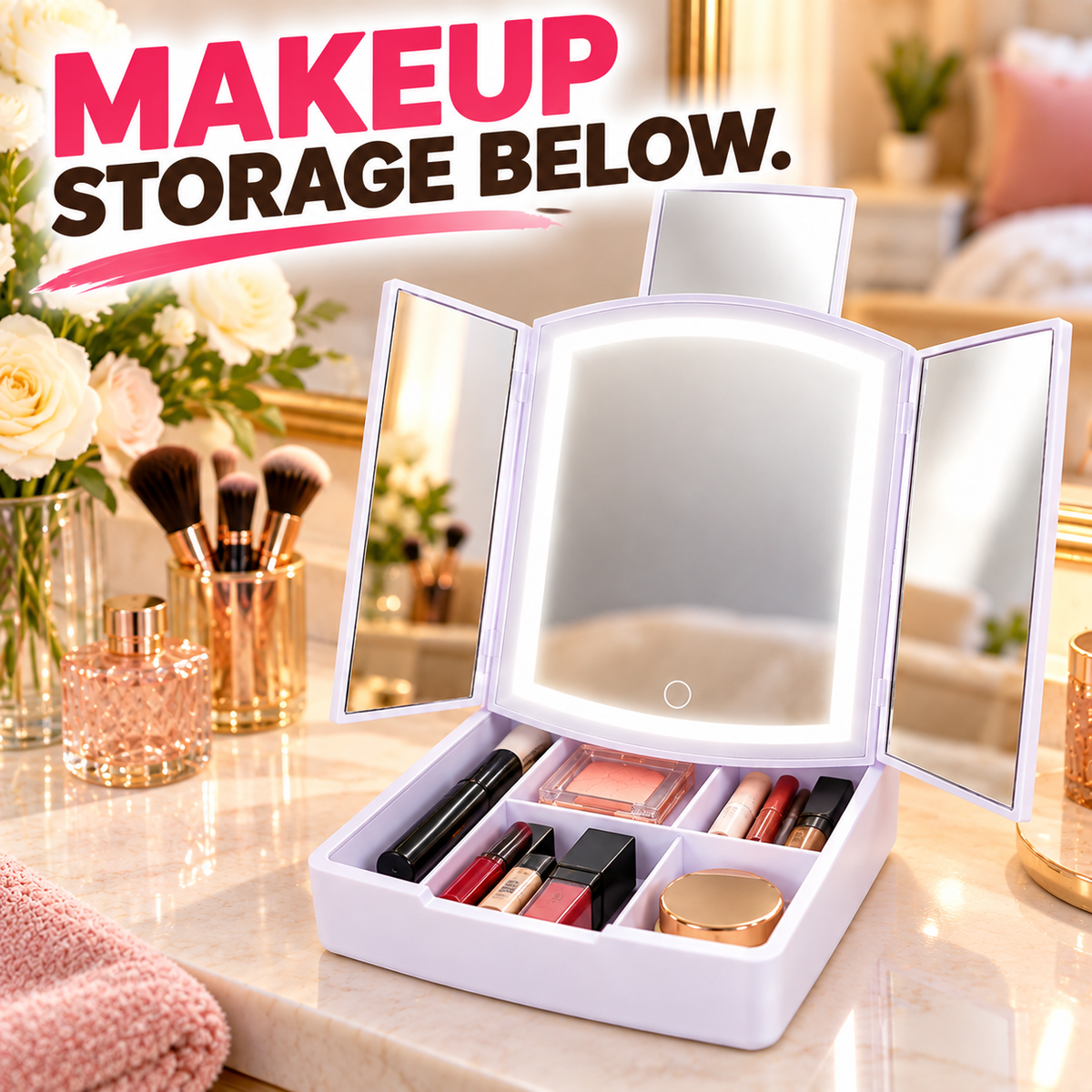 Trifold LED Vanity Mirror with Storage Tray With Compartments For Holding Makeup Items, 5X Pop-Up Mirror, Touch Control and Adjustable Lighting. Dual Powered. Battery Operated or with Included USB Cable.