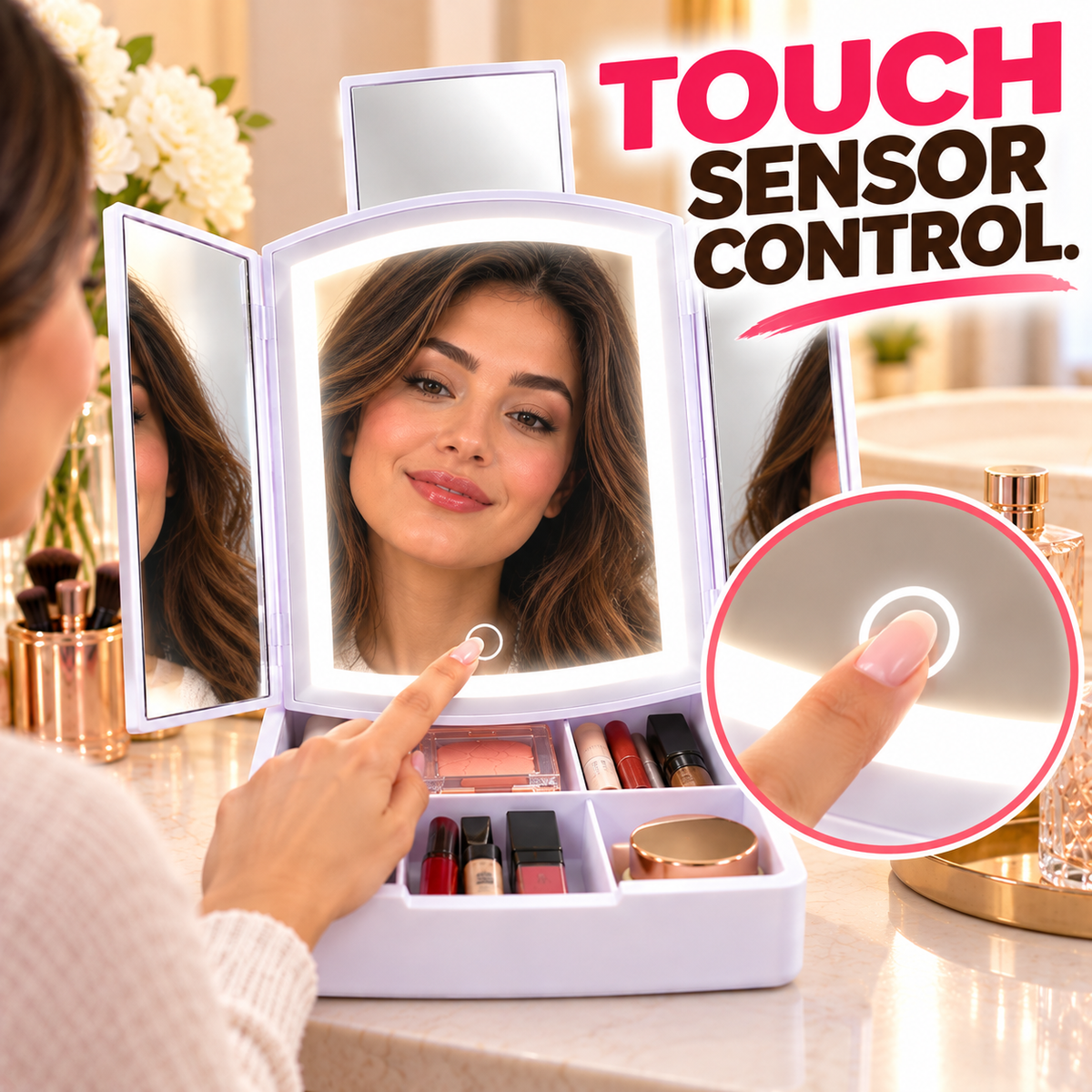 Trifold LED Vanity Mirror with Storage Tray With Compartments For Holding Makeup Items, 5X Pop-Up Mirror, Touch Control and Adjustable Lighting. Dual Powered. Battery Operated or with Included USB Cable.