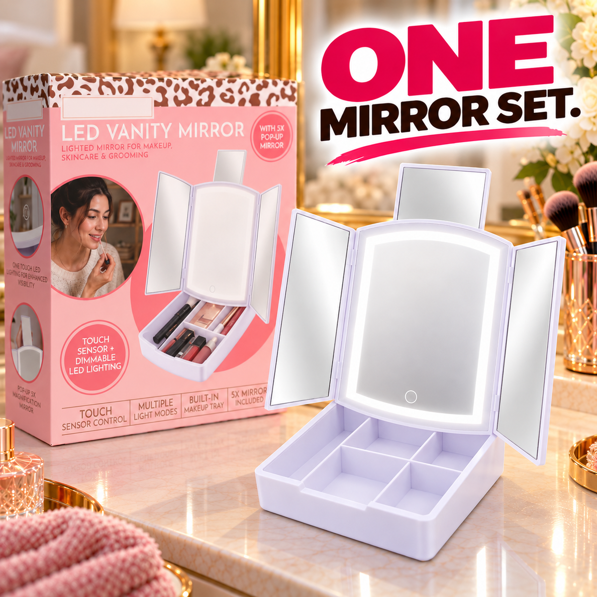 Trifold LED Vanity Mirror with Storage Tray With Compartments For Holding Makeup Items, 5X Pop-Up Mirror, Touch Control and Adjustable Lighting. Dual Powered. Battery Operated or with Included USB Cable.