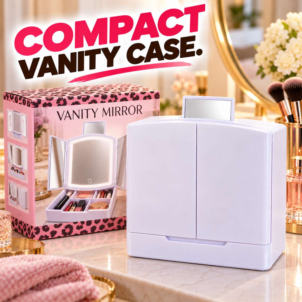 Trifold LED Vanity Mirror with Storage Tray With Compartments For Holding Makeup Items, 5X Pop-Up Mirror, Touch Control and Adjustable Lighting. Dual Powered. Battery Operated or with Included USB Cable.