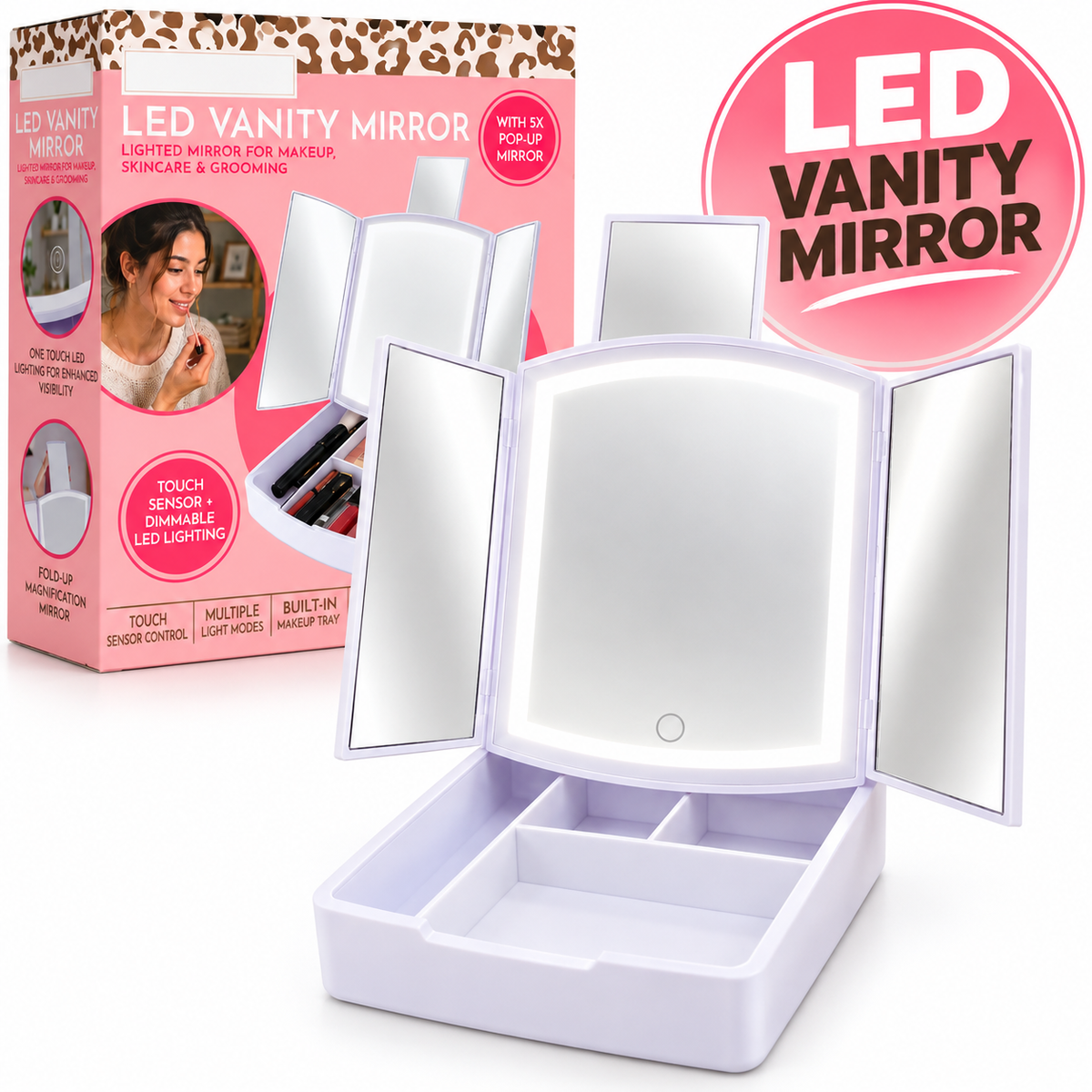 Trifold LED Vanity Mirror with Storage Tray With Compartments For Holding Makeup Items, 5X Pop-Up Mirror, Touch Control and Adjustable Lighting. Dual Powered. Battery Operated or with Included USB Cable.