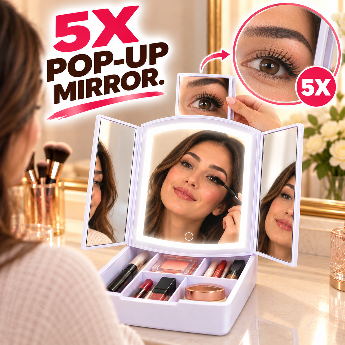 Trifold LED Vanity Mirror with Storage Tray With Compartments For Holding Makeup Items, 5X Pop-Up Mirror, Touch Control and Adjustable Lighting. Dual Powered. Battery Operated or with Included USB Cable.