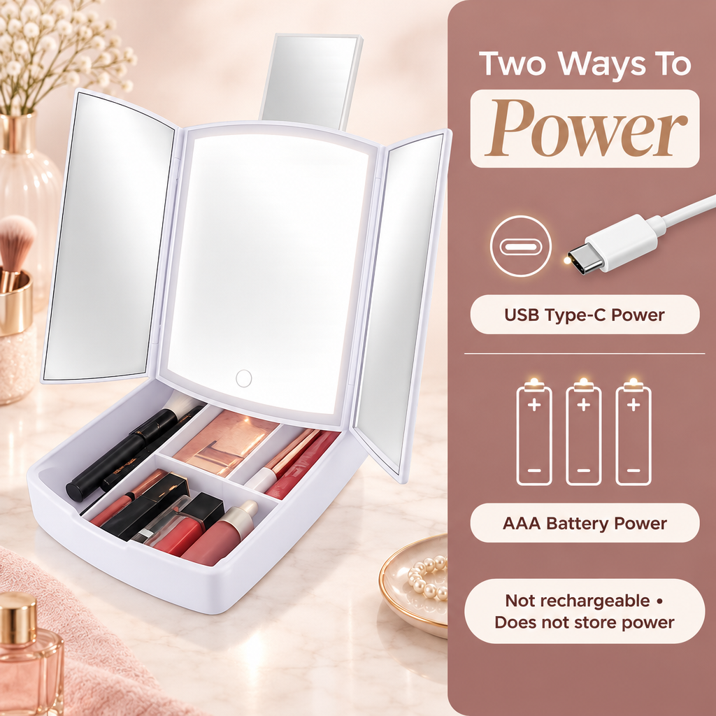 Trifold LED Vanity Mirror with Storage Tray With Compartments For Holding Makeup Items, 5X Pop-Up Mirror, Touch Control and Adjustable Lighting. Dual Powered. Battery Operated or with Included USB Cable.
