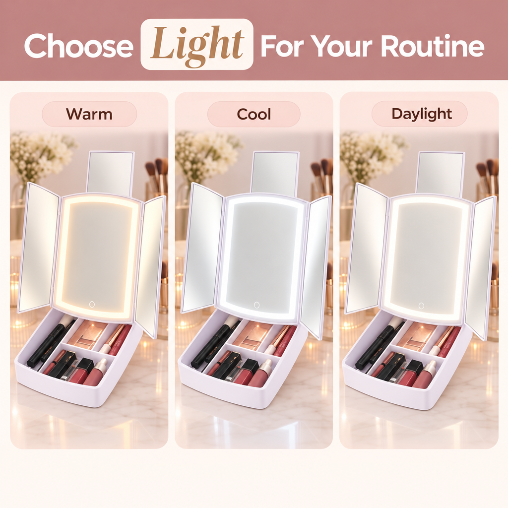 Trifold LED Vanity Mirror with Storage Tray With Compartments For Holding Makeup Items, 5X Pop-Up Mirror, Touch Control and Adjustable Lighting. Dual Powered. Battery Operated or with Included USB Cable.