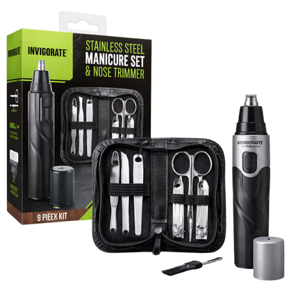 Stainless Steel Manicure Set and Nose Trimmer - 9 Pcs Set