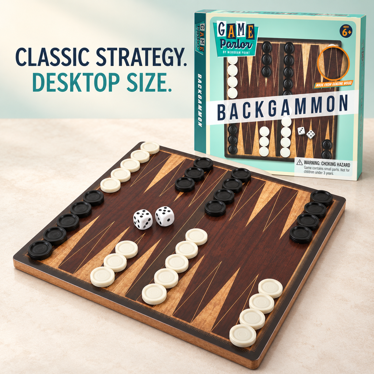 Wooden Desktop Backgammon Game, 10 Inch Board with 30 Black and White Pieces and 2 Dice