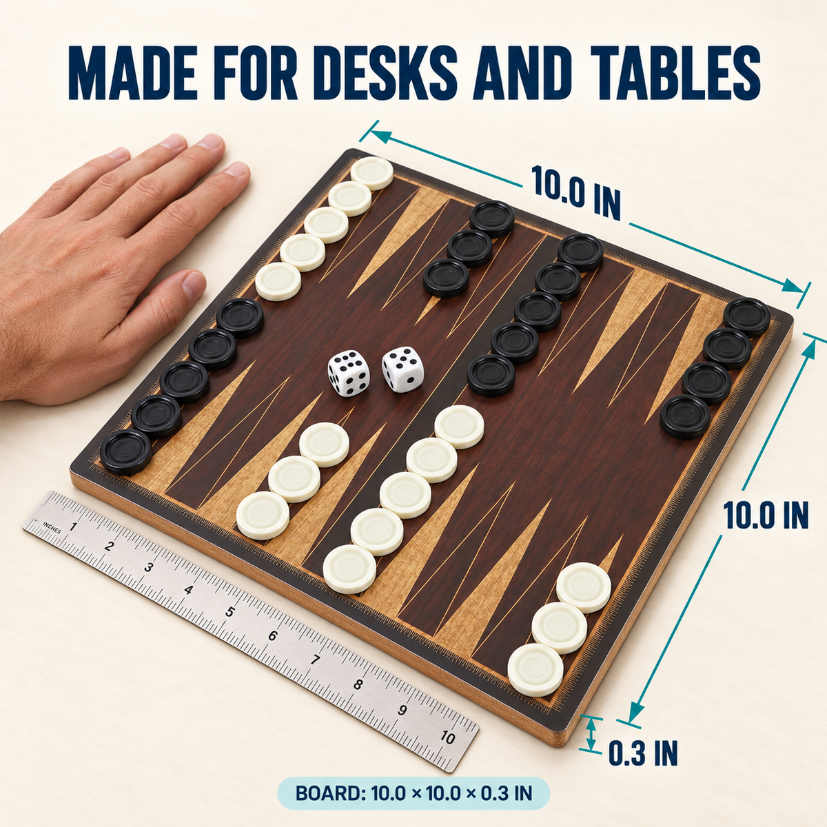 Wooden Desktop Backgammon Game, 10 Inch Board with 30 Black and White Pieces and 2 Dice