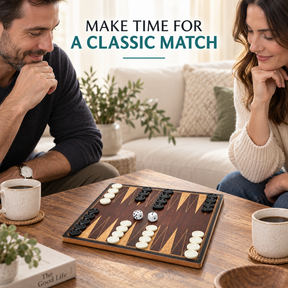 Wooden Desktop Backgammon Game, 10 Inch Board with 30 Black and White Pieces and 2 Dice