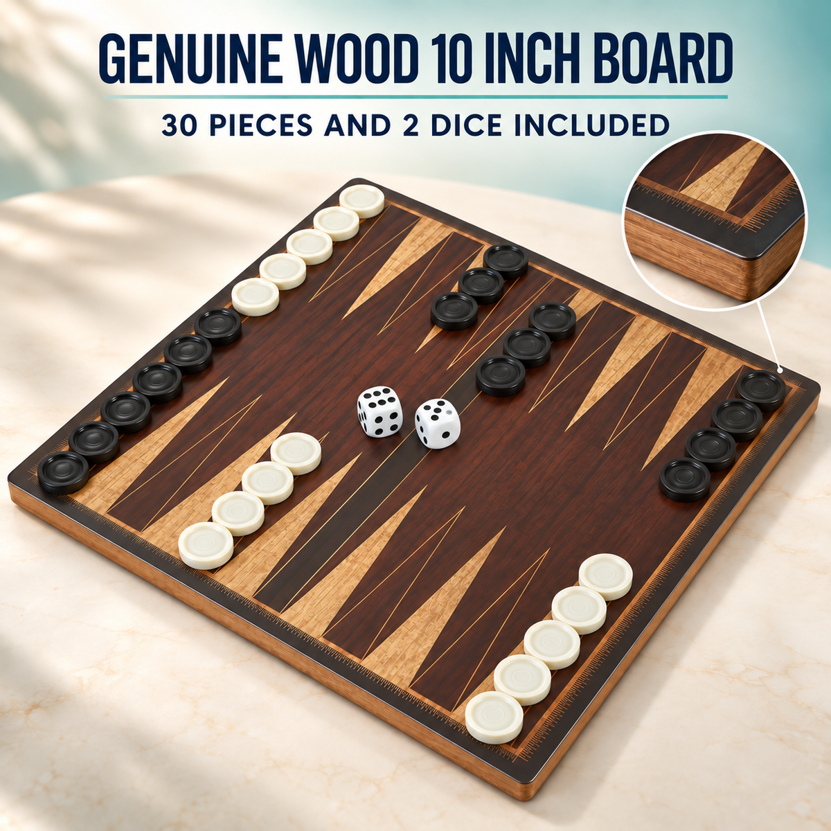 Wooden Desktop Backgammon Game, 10 Inch Board with 30 Black and White Pieces and 2 Dice