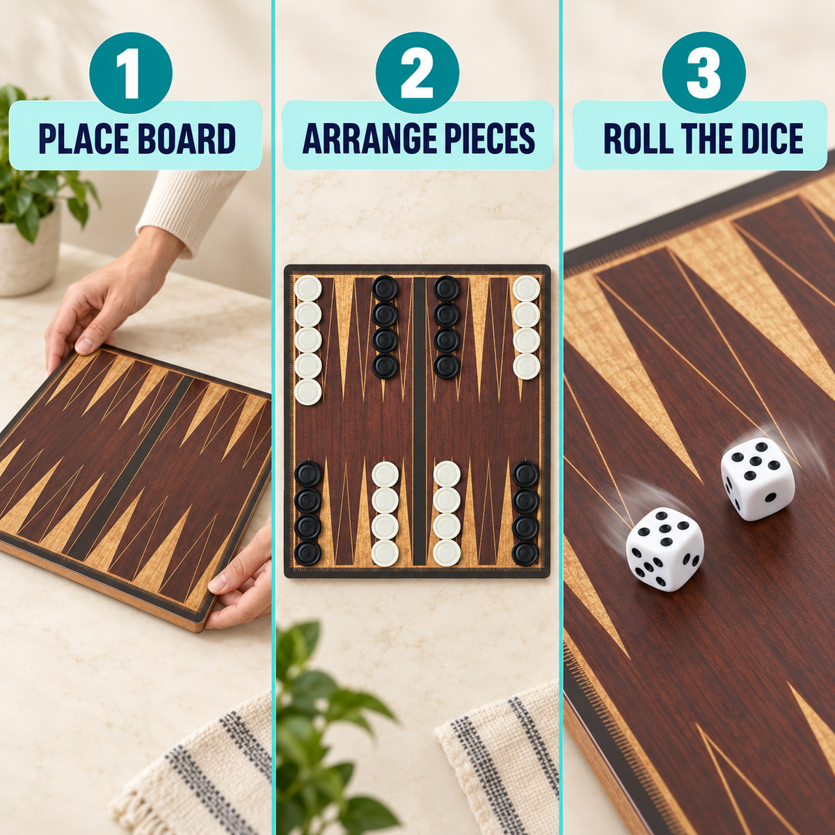Wooden Desktop Backgammon Game, 10 Inch Board with 30 Black and White Pieces and 2 Dice